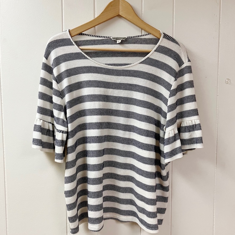PLEIONE Y2K Vintage Boho Striped Ruffle Sleeve Knit Top SZ XL Stretch Babydoll